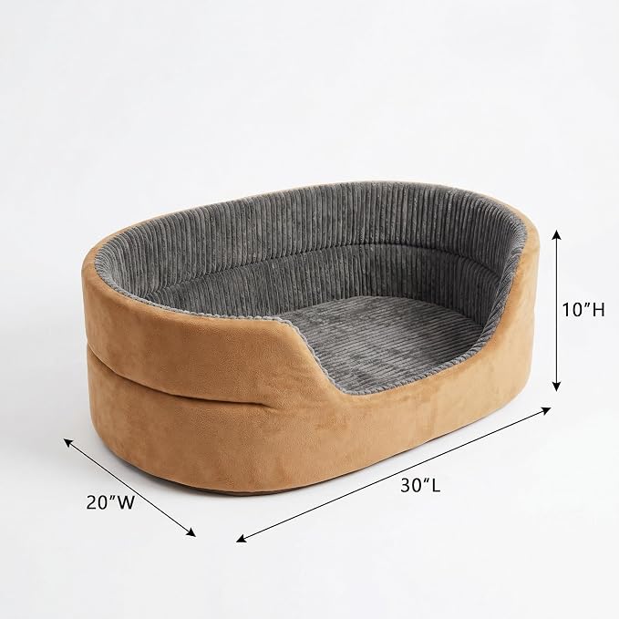 Large Dog Bed Cat Bed 20x30 Inch,Calming Pet Bed for Dogs & Cats,Machine Washable Dog Bed,Half-Enclosed Open-Top Velvet Anti-Anxiety Bed,Cozy Snuggle Bed (Camel)