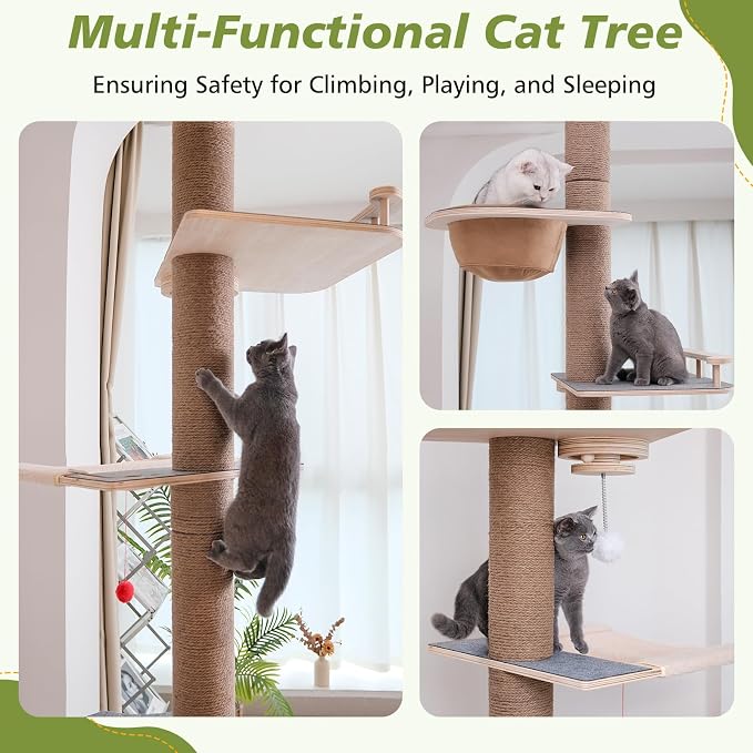 Cat Tree Floor to Ceiling, Adjustable Height 82-120 in, 6-Level Cat Tower with Hammock & Perch, Scratching Post, Stable & Solid Structure and Neutral Color Fit Home Decor