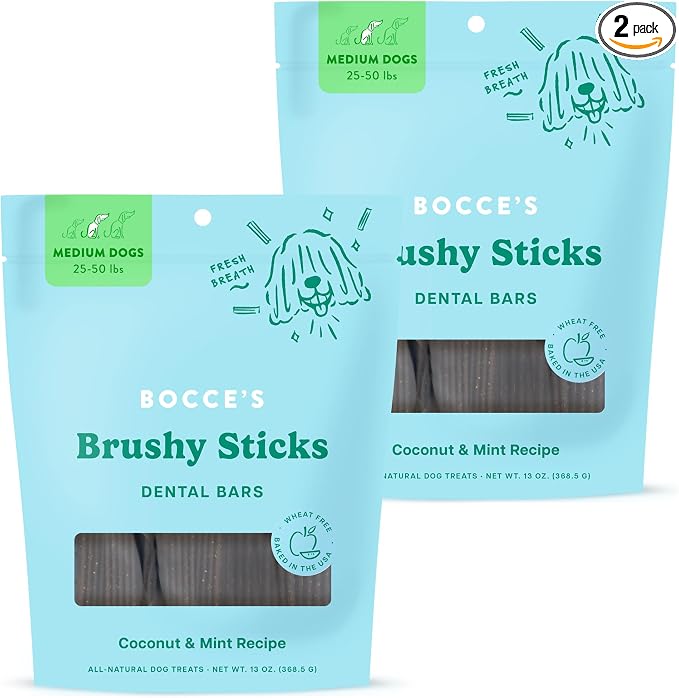 Bocce's Bakery Dental Brushy Sticks for Medium Dogs – Natural, Wheat-Free Dental Bars to Support Oral Health & Fresh Breath, Made with Real Ingredients – Coconut & Mint Recipe (2 Pack Bundle)