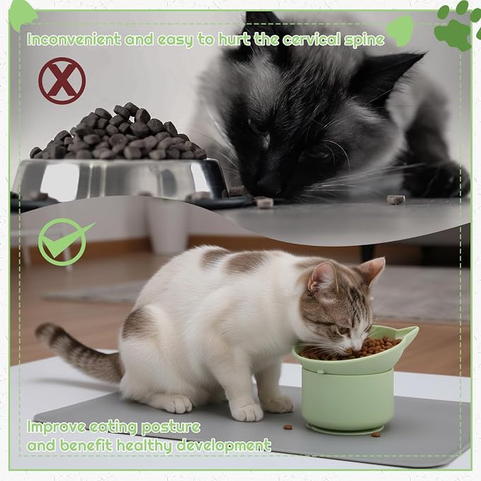 2 Pack Slow Feeder Cat Bowls Silicone Tilted Raised Pet Bowl with Non Slip Base for Digestion Anti Vomit, Gray, Green