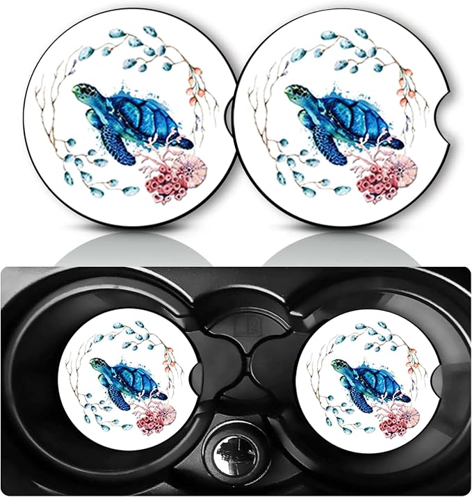 2Pack Sea Turtle Car Cup Holder Coaster,Turtle Gifts for Women Men,Vehicle Interior Drink Mat Reusable Neoprene Car Coasters for Cup Holders Decor,Charming Turtles Automotive Interior Accessories