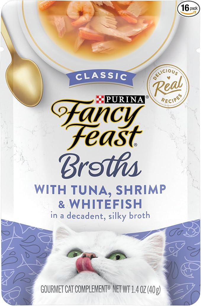 Purina Fancy Feast Broths Classic Cat Food Topper With Tuna, Shrimp, and Whitefish - (Pack of 16) 1.4 oz. Pouches
