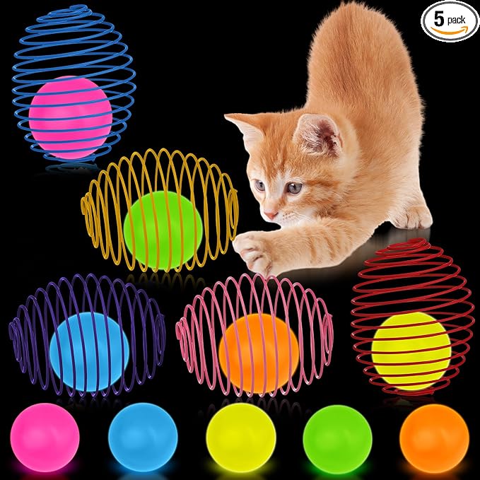 Jecery 5 Pcs Cat Spring Balls Toys Stretchable Rolling Balls Colorful Playful Coils Interactive Action Toy Caged Rats for Kitten Pet Supplies (Glow Ball,Multicolor)