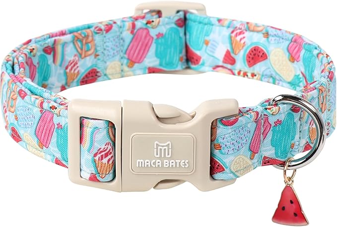 Maca Bates Summer Dog Collar with Watermelon Charm for Extra Small Girl Boy Dogs Blue Ice Cream Print Durable,Soft,Thick,Adjustable Puppy Basic Collars for Male Female with Safety Buckle