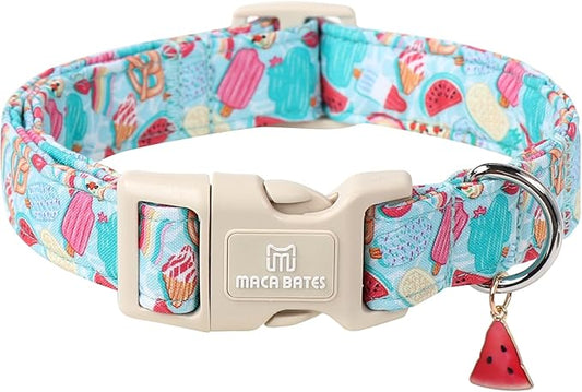 Maca Bates Summer Dog Collar with Watermelon Charm for Large Girl Boy Dogs Blue Ice Cream Print Durable,Soft,Thick,Adjustable Puppy Basic Collars for Male Female with Safety Buckle