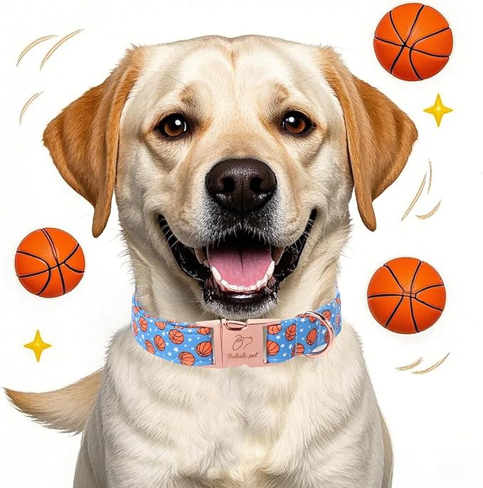 Adjustable Boy Dog Collar - Cute Blue Basketball Print Dog Collars for Puppy & Tiny Dogs, Durable Pet Heavy Duty Metal Buckle Collar XS