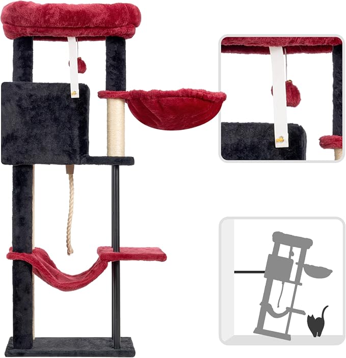 Gitelsnour Cat Tree, Cat Tower for Indoor Cats, 43.3 inch Gothic Cat Tree Tower with Sturdy Steel Tube, Hammock, Cat Condo for Small Cats and Kittens, Scratching Post, Black and red GCT004SBR