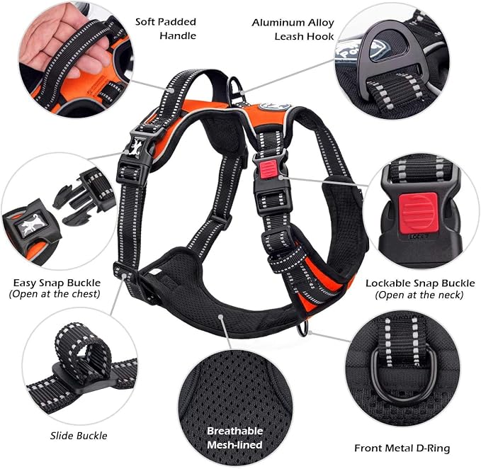 PoyPet Dog Harness No Pull, Reflective Adjustable No Choke Pet Vest with Front & Back Clips, Soft Padded and Control Training Handle for Large Dogs (Orange, XL)