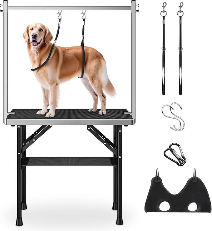 niffgaff Dog Grooming Table with Arm, Hammock & Nooses, 30" H Foldable Heavy Duty Pet Grooming Station, 35.5" L×23.6" W Non-Slip Waterproof Tabletop, 33.5" Height Adjustable Stainless H-Frame Arm | Foldable, Heavy Duty, 35.5"L×23.6"W Non-Slip Waterproo...