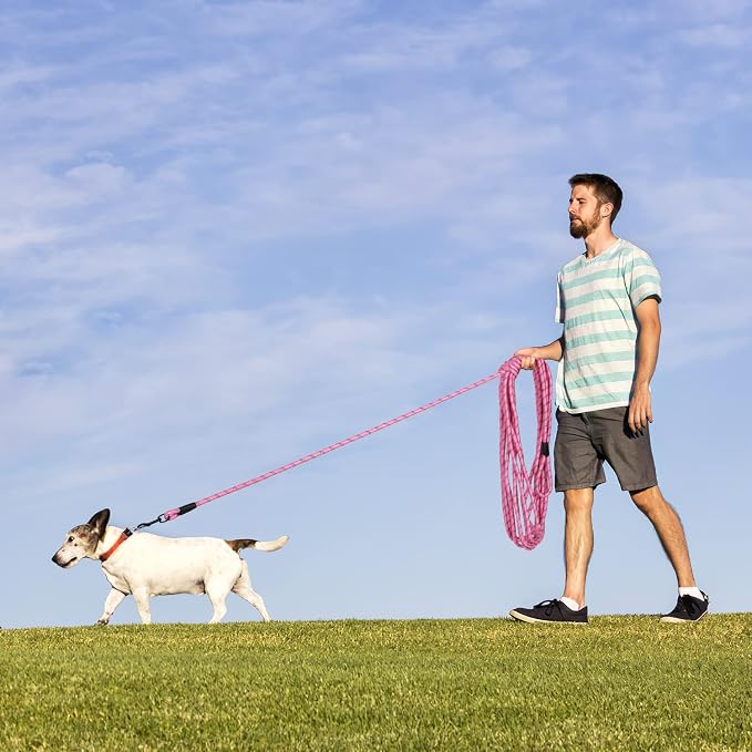 Long Dog Leash for Training 50Ft-Reflective Nylon Rope with Swivel Hook-Recall Agility Lead for Large Small Medium Dogs Outside Walking Hiking-Pink