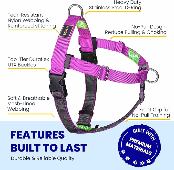 Freedom No Pull Dog Harness, Easy Walk with Front Clip, Two Stainless D-Rings, Sewn-in Instructions Tags for Easy Use, for Medium/Large Dogs Weight 40-60 lbs (Purple, Med/Large)