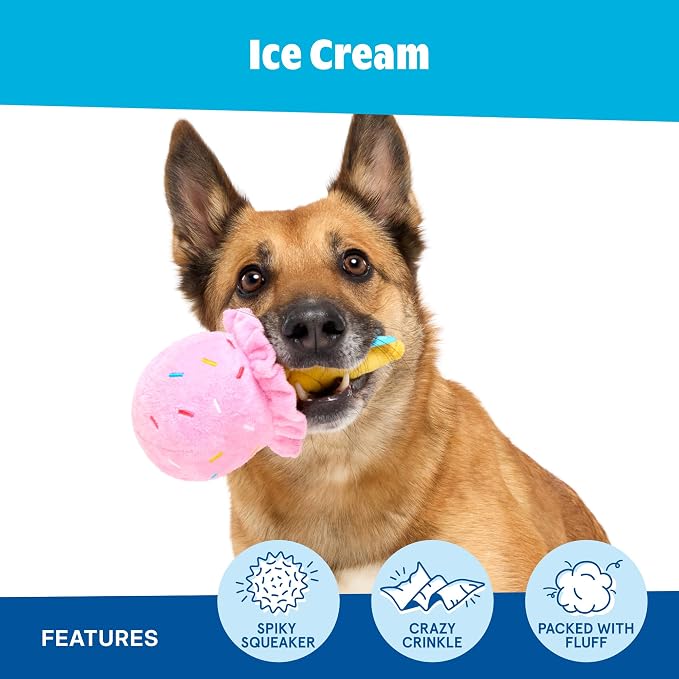 Barkbox Slobbery Ice Cream Cone Dog Toy | Plush Crinkle Toy with Hidden Squeaker Ball Inside | Squeak & Discover Toy for Small to Medium Dogs