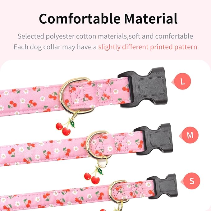 Personalized Dog Collars,Adjustable Puppy Collars with Safety Buckle for Small Medium Large Dogs,Cute and Unique Pink Cherry Pattern Pet Collar for Boy Girl Dogs. (Pink Cherry, Medium)