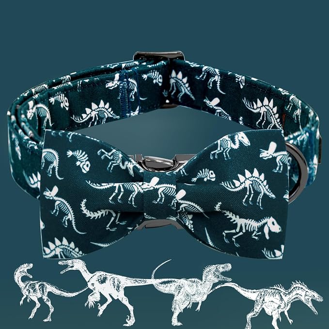Elegant little tail Dog Collar, Dinosaurs Print Pet Collars with Bow Soft Cutton Boy Puppy Gift Adjustable Blue Bowtie Dog Collar for Large Dogs