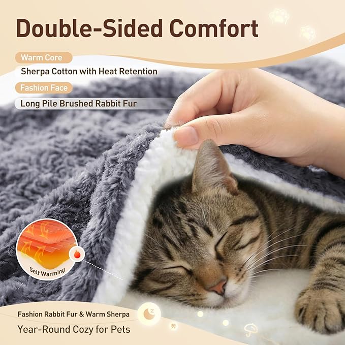 Cat Blanket for Indoor Cats - Ultra Thick 460GSM Faux Rabbit Fur & 260GSM Sherpa, Small Pet Throw for Carrier, Crate & Couch Protection, Soft Thermal Kitten Bedding, 21"x18" Grey