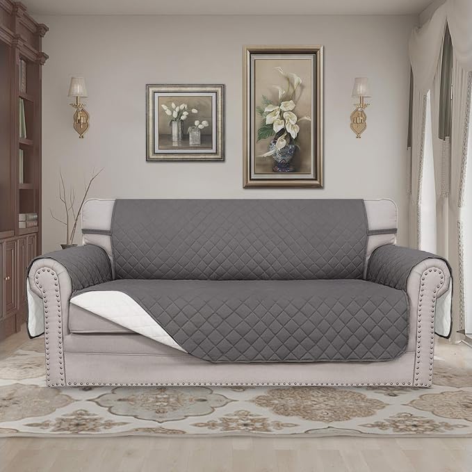 Easy-Going Sofa Slipcover Reversible Loveseat Sofa Cover Couch Cover for 2 Cushion Couch Furniture Protector with Elastic Straps for Pets Kids Dog Cat (Oversized Loveseat, Gray/Ivory)