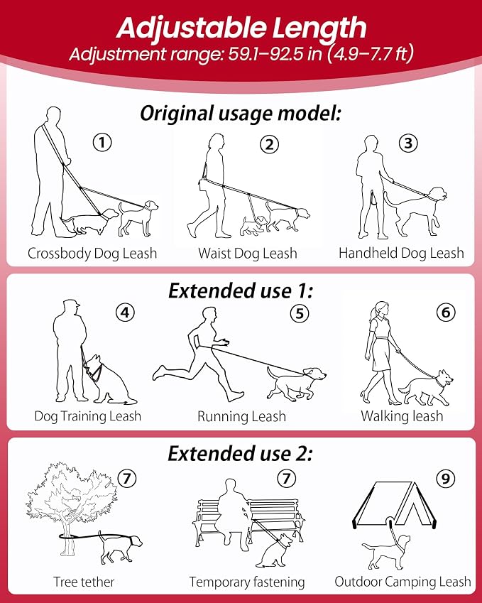 Double Dog Leash - Two Dog Leash No Tangle Design, 3-in-1 Adjustable Waist Belt for Two Dogs, Detachable Dual Leashes or Single Belt, Suitable for Dogs for Training, Running and Walking.