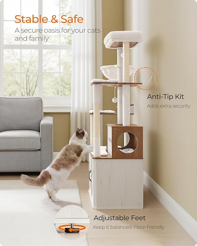Feandrea Cat Tree, 66.9-Inch Cat Tower with Litter Box Enclosure, Large Condo with Food Station, Storage, Scratching Posts, Cave, Hammock, Washable Cushions, Rustic White and Honey Brown UPCT169W201