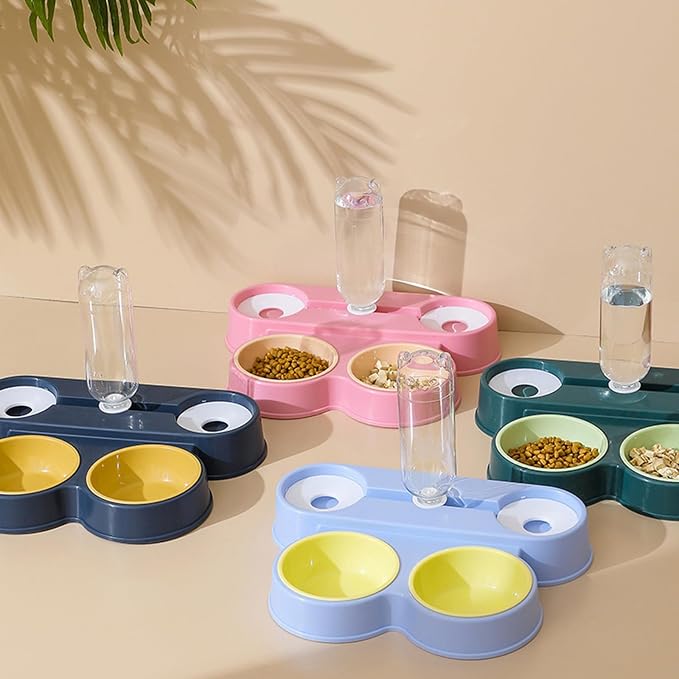 4 in 1 Pet Food Feeders with Automatic Water Bottle Bowl, Double Bowl Dog Feeder Toy for Cats and Dogs
