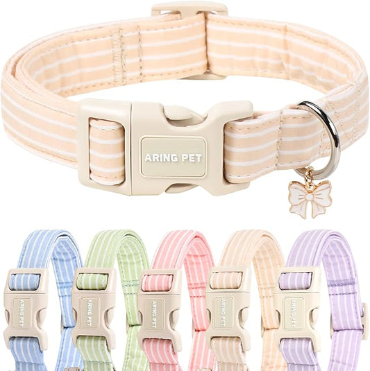 ARING PET Stripe Dog Collar, Cute Spring Summer Khaki Stripe Pet Collars with Bow Charm for Puppy Small Medium Large Boy Girl Dogs, for Daily Outdoor Walking Beach Stroll-M