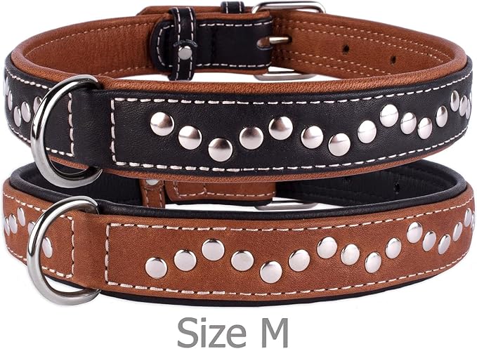 CollarDirect Studded Dog Collar Leather Pet Collars for Dogs Small Medium Large Puppy Soft Padded Brown Black (Brown, Neck fit 20" - 22")