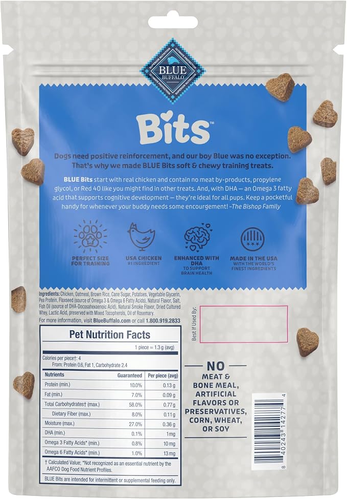 Blue Buffalo Bits Chicken Soft & Chewy Dog Treats, Bite-Sized for Training, Made with Real Chicken & Enhanced with DHA, Heart-Shaped Dog Treats, Made in the USA with Natural Ingredients, 19 oz.