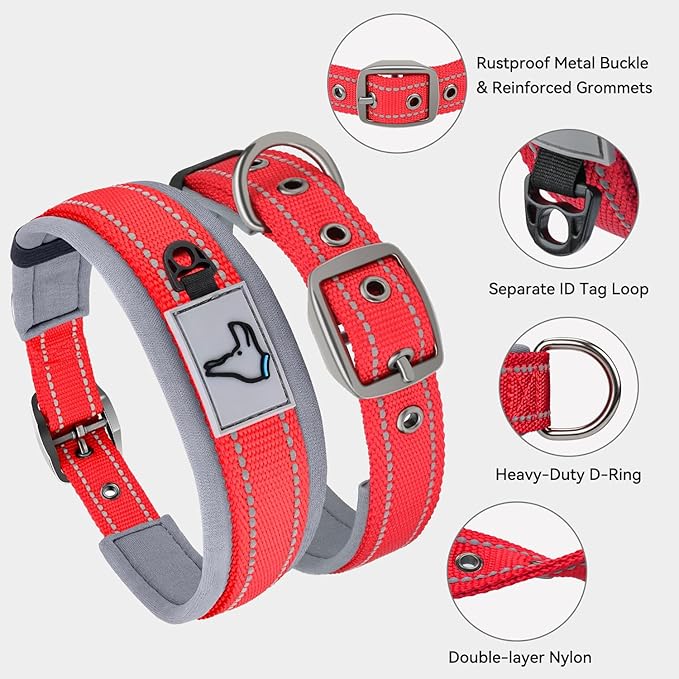 Joytale Dog Collar for Medium Dogs, Neoprene Padded and Adjustable, Reflective Wide Heavy Duty Pet Collars with Durable Metal Belt Buckle for Walking, Red, M