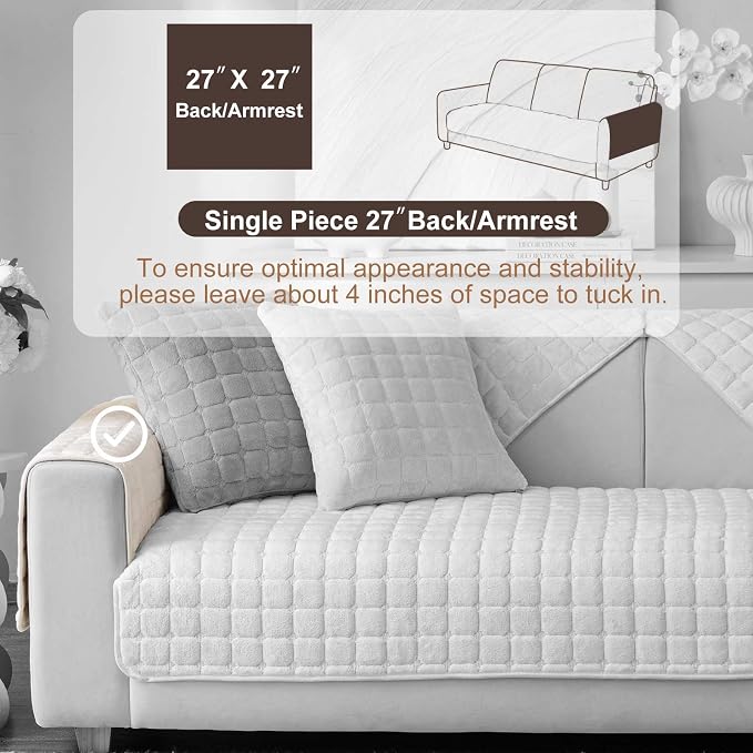 Velvet Washable Couch Cover for Pets Dogs, Non Slip Sectional Sofa Covers for 3 Cushion Couch Sofa L Sharped Sofa Arm Slipcover, Furniture Protector Covers(1 PCS 27"x27" White)