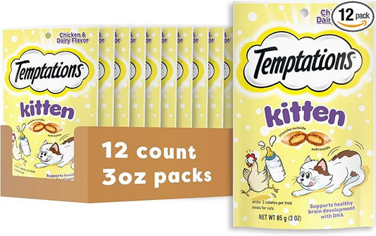 Temptations Kitten Treats Classic Crunchy and Soft Cat Treats, Chicken and Dairy Flavor, 3 oz. Pouch (Pack of 12)