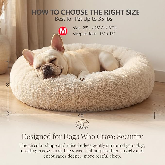 Calming Donut Dogs Beds for Small Dogs Washable,28inch Plush Round Pet Bed for Cozy Sleep,Fluffy Faux Fur Large Cat Bed,Fits up to 30 lbs Pets,Beige