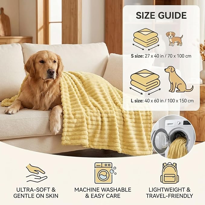 Emotional Support Blanket for Dogs, Yellow Blanket for Dog, Washable High Visibility Dog Blankets, for Help Reduce Pet Separation Anxiety (Yellow-L, 2Pcs)