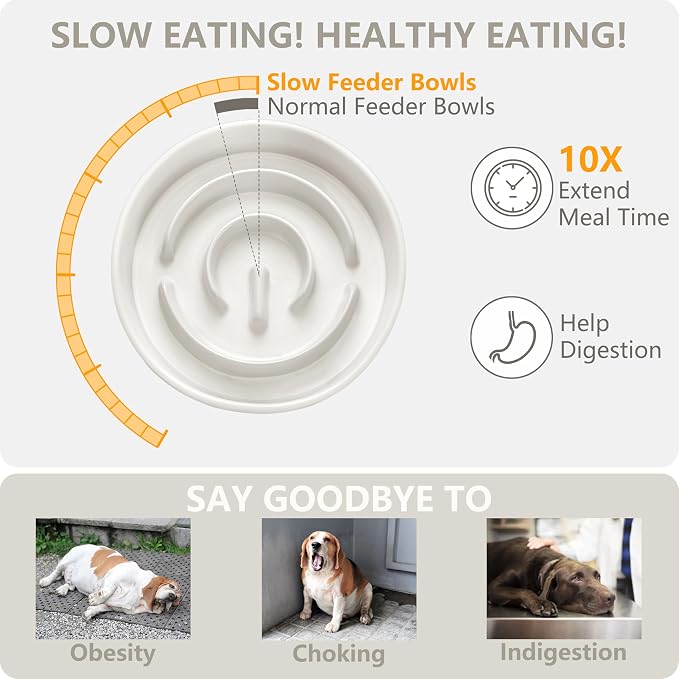 Ceramic Slow Feeder and Water Bowl Set for Medium and Large Dogs, 8.0 Inches Ceramic Dog Bowls Elevated with Wooden Stand, 2.0 Cups Dog Slow Feeder(30oz) and 70oz Water Bowl Set, White