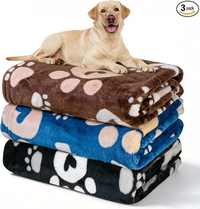 Premium Dog Blankets for Large Dogs & Cat Flannel Blanket Washable, Soft Pet Throw Cover for Kennel Crate Bed, Cute Paw Pattern, 41x31 inch,Blue/Black/Brow