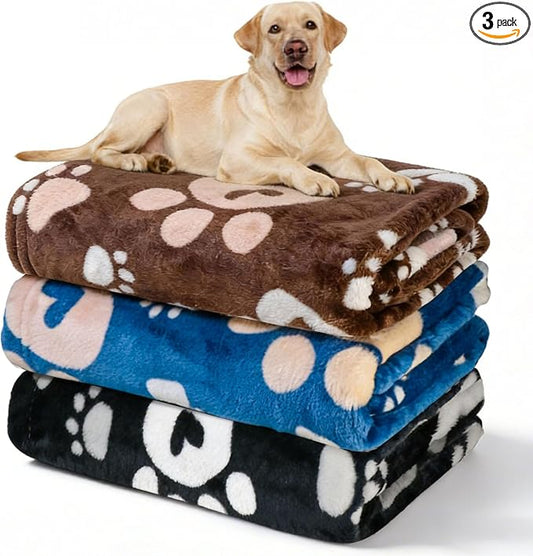 Premium Dog Blankets for Large Dogs & Cat Flannel Blanket Washable, Soft Pet Throw Cover for Kennel Crate Bed, Cute Paw Pattern, 41x31 inch,Blue/Black/Brow