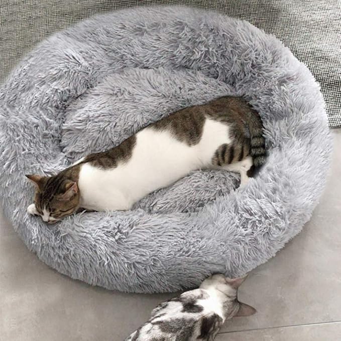 Faux Fur Dog Bed, Shag Round Anti-Anxiety Pet Calming Doughnut Cuddler for Medium Large Puppy Dog Cat Kennel Cushion - Self Warming (28'' D x 8" H, Light Grey)