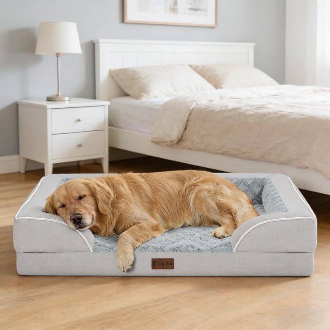 Orthopedic Dog Beds for Extra Large Sized Dogs 53x42 Inch, XXL Waterproof Egg Crate Foam Dog Sofa Bed with Removable Washable Cover Big Pet Couch with Bolster & Non-Slip Bottom, Light Grey