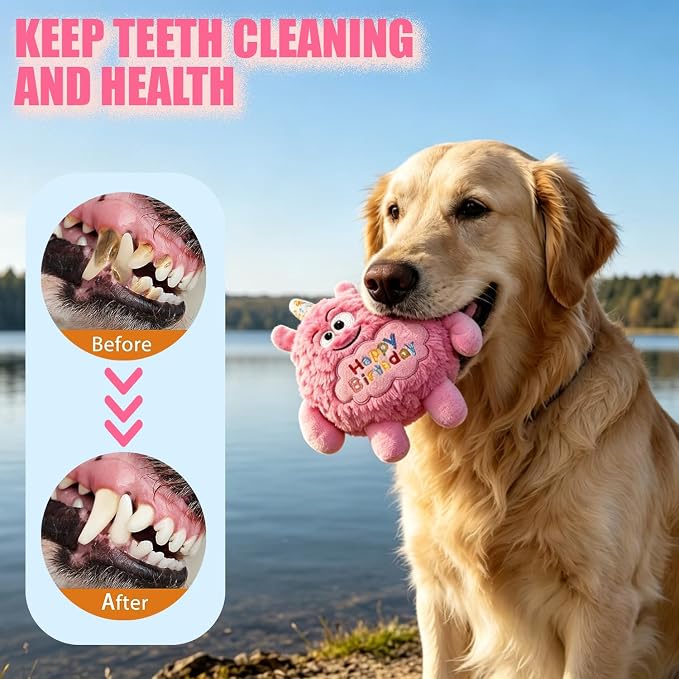 Plush Dog Birthday Toy for Girl Boy Gifts, Crinkle Squeaky Dog Toy Keep Them Busy Tug of War Stuffed Dog Chew Toy for Small Medium Large Dogs (Pink)