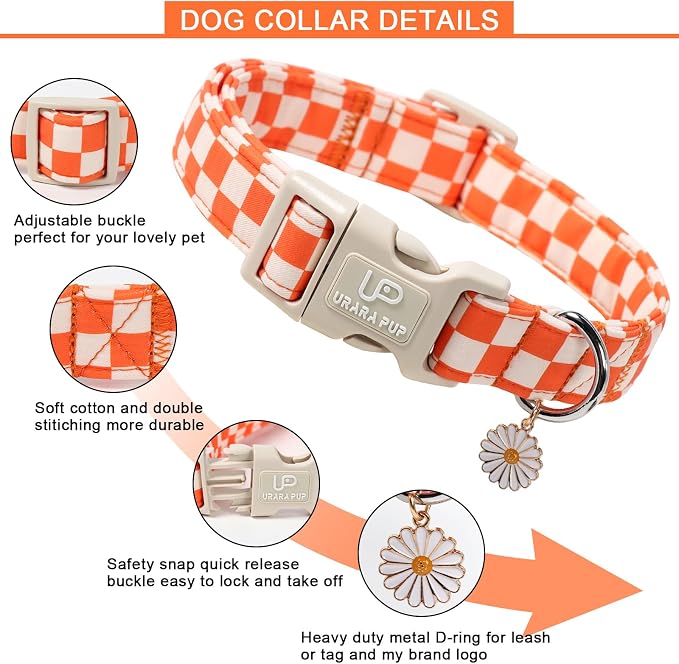 Gingham Fall Dog Collar – Adjustable Orange Picnic Checkered Dog Collar with Daisy Pendant, Classic Autumn Dogs Collars for Girl Boy Dogs