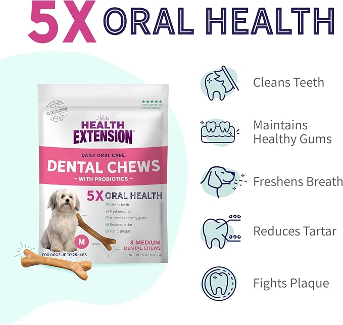 Health Extension Probiotic Dental Bones for Dogs, 8 Medium Bones, Cleans Teeth, Healthy Gums, Freshens Breath, Training or Reward, 6 oz Bag (Pack of 4)
