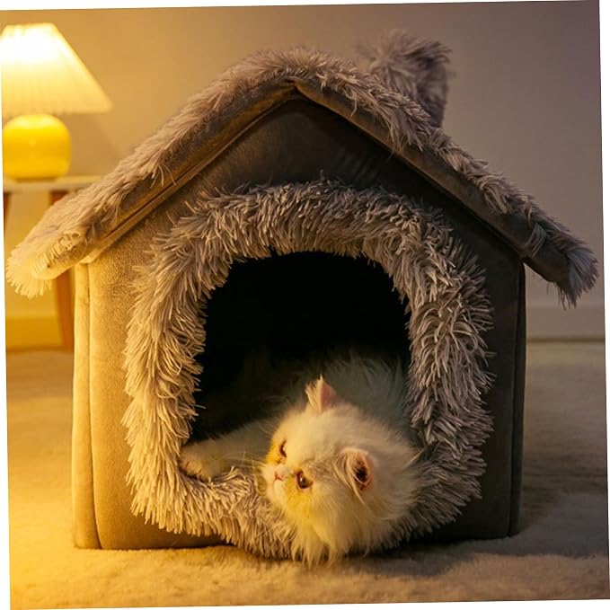 Enclosed Dog Bed, Soft and Warm Plush Dog Bed with Cover Cave Removable and Washable House Type Tent Huts for Indoor Pets M 15.8x13.8x15 with Cover Cave