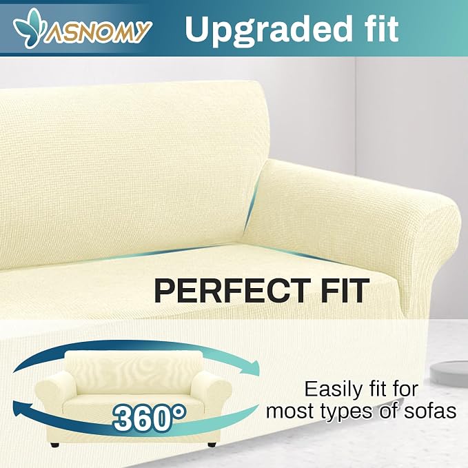 Asnomy Sofa Covers for 2 Cushion Couch Stretch loveseat Covers Slipcovers, Pet Protector Furniture Covers for Dogs Cats Spandex Jacquard Fabric Small Checks （Medium，Off-White）
