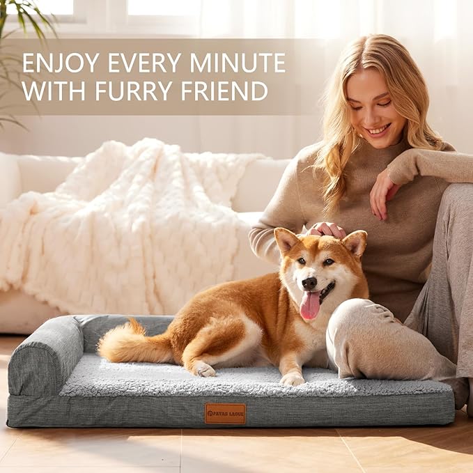 Patas Lague Orthopedic XL Dog Bed Large Sized Dog 48''X30'', Waterproof L Bolster Big Large Pet Sofa Beds with Removable Washable Cover, Soft Pet Couch Crate Mat with Nonskid Bottom, Grey