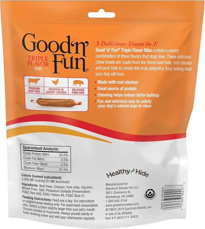 Good 'n' Fun Ribs Long-Lasting Dog Treat, With Real Proteins, Beef Hide and Premium Chicken, Supports Dental Health, Mental Stimulation, 12 oz
