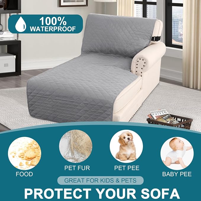 Turquoize 100% Waterproof Sofa Covers Chaise Lounge L Shape Sofa Protector Slip Cover Triple Non-Slip Sofa Slipcover for Sectional Couch Cover for Pets, Kids (Chaise, Dove Gray)