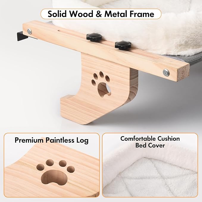 AMOSIJOY Cat Sill Window Perch Sturdy Hammock Window Seat with Cushion Bed Cover, Wood & Metal Frame for Large Cats, Easy to Adjust Cat Bed for Windowsill, Bedside, Drawer and Cabinet(Cushion Bed)