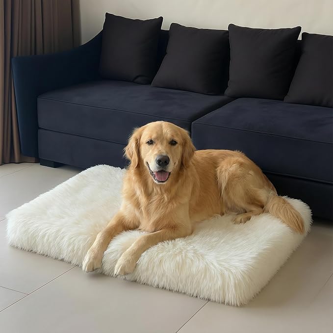 IHAPPYDOG Faux Fur Orthopedic Dog Bed, Memory Foam Rectangular Crate Bed for Large XL Dogs, Plush Furry Bed that Looks Like a Rug, Calming Bed for Senior Dogs, Washable Cover - White, Large 41"x27"