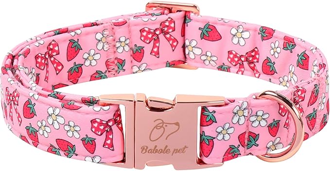 Strawberry Bow Dog Collar, Spring/Summer Pink Girl Dog Collars, Adjustable Heavy Duty Girly Female Dogs Collars for Small Medium Large Dogs with Metal Buckle M