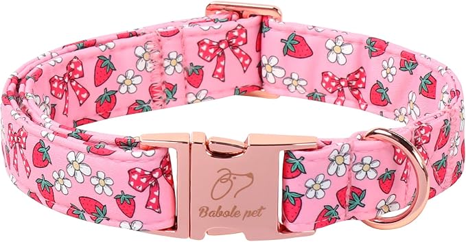 Strawberry Bow Dog Collar, Spring/Summer Pink Girl Dog Collars, Adjustable Heavy Duty Girly Female Dogs Collars for Small Medium Large Dogs with Metal Buckle XL