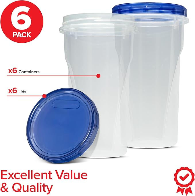 Stock Your Home 48oz Plastic Containers with Twist Top Lids (6 Pack), 1.5 Quart Freezer Containers with Lids for Leftover Food, Airtight Reusable Soup Containers, Microwave and Dishwasher Safe