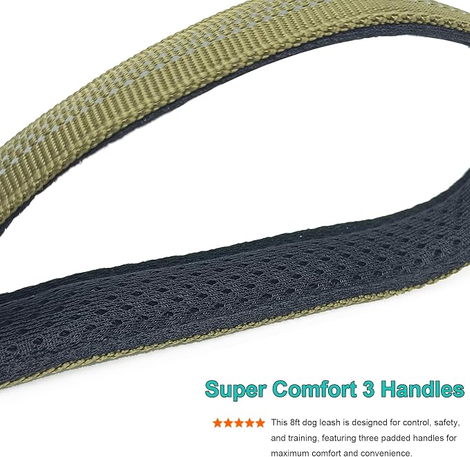 BTINESFUL 8ft Dog Leash with 3 Handles, Triple Handle, Reflective, Shork Absorbing Bungee, Control & Safety Training for Large Medium Dogs (Army Green, 1 in x 8 ft)